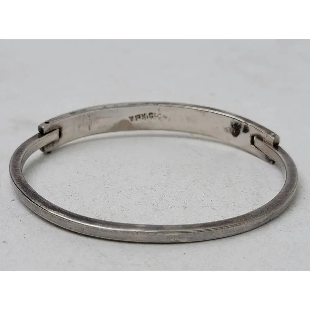 Vintage Sterling Silver Mexican Hinged Bangel Bracelet w Abalone & Pink Enamel